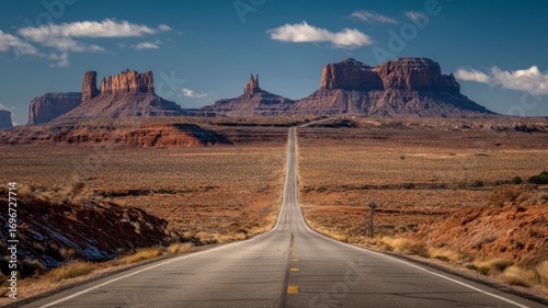 Endless road to monument valley at sunset. Artificial intelligence image