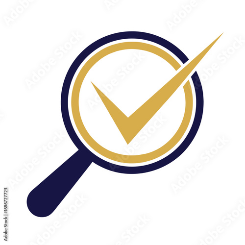 Blue and gold magnifying glass with yellow check mark symbol search research