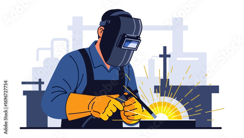 Precision Craftsmanship: This illustration shows a skilled welder focused intently on his craft within a dynamic workshop environment, showcasing the art of metalwork with sparks and precision.