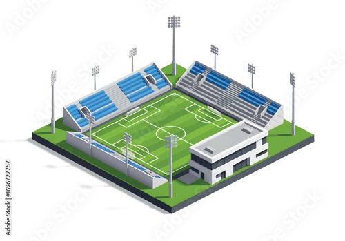 Isometric 3D view of a small soccer stadium with field, goals, stands, benches, and floodlights, representing sports, teamwork, competition, recreation, and athletic lifestyle concepts
