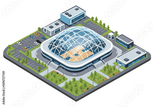 Isometric 3D view of a basketball arena with indoor court, seating, and modern architecture, representing sports, competition, teamwork, events, and athletic lifestyle concepts