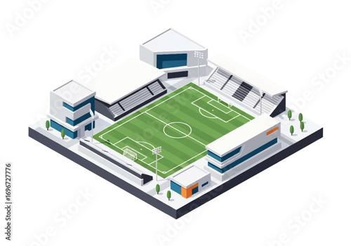 Isometric 3D view of a small soccer stadium with field, goals, stands, benches, and floodlights, representing sports, teamwork, competition, recreation, and athletic lifestyle concepts