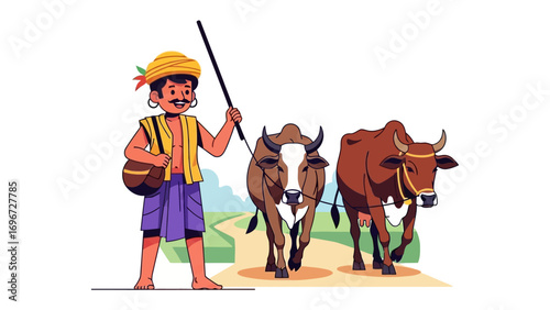 Farmer and Cattle: A vibrant illustration depicting a farmer leading a pair of cattle along a dirt road, in a peaceful rural setting.