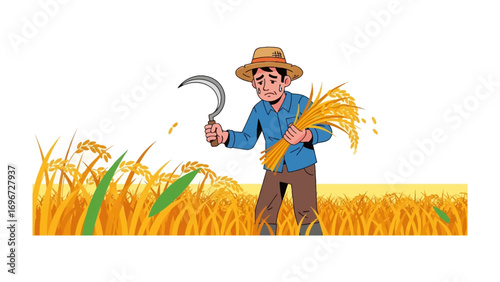 Farmer Harvesting Crop: A farmer, captured in an illustration, stands amidst a golden field, sickle in hand, harvesting the ripe crop of the land. 