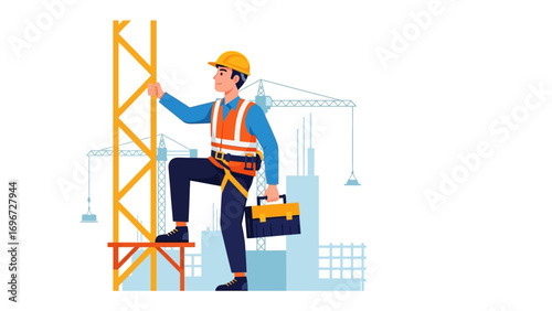 Construction Worker Ascending Crane: An illustration of a construction worker, adorned in safety attire, confidently ascending a crane, embodies the spirit of industriousness and building.