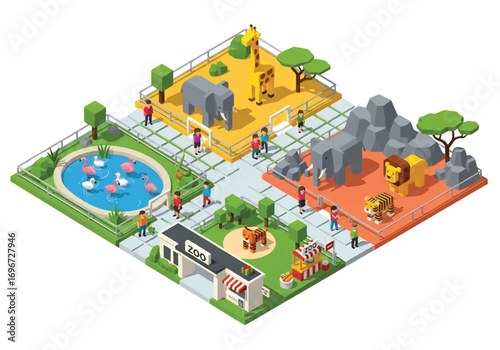 Isometric 3D view of a zoo with animal enclosures featuring lions, giraffes, tigers, polar bears, penguins, and seals, representing wildlife, conservation, family recreation, and tourism concepts