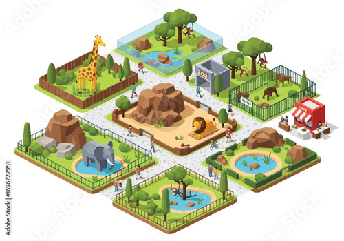 Isometric 3D view of a zoo with animal enclosures featuring lions, giraffes, tigers, polar bears, penguins, and seals, representing wildlife, conservation, family recreation, and tourism concepts
