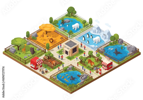 Isometric 3D view of a zoo with animal enclosures featuring lions, giraffes, tigers, polar bears, penguins, and seals, representing wildlife, conservation, family recreation, and tourism concepts