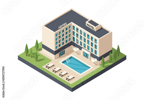 Isometric 3D view of a modern hotel with swimming pool, sun loungers, umbrellas, and landscaped area, representing travel, tourism, vacation, hospitality, and leisure lifestyle concepts