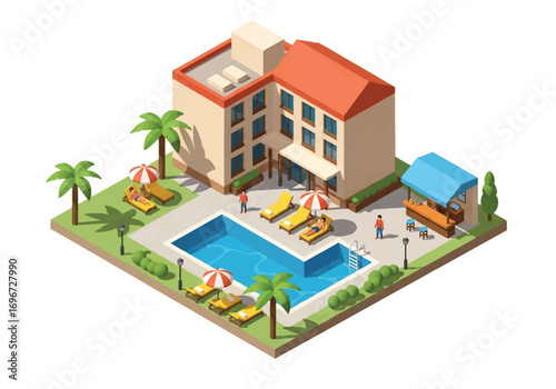 Isometric 3D view of a modern hotel with swimming pool, sun loungers, umbrellas, and landscaped area, representing travel, tourism, vacation, hospitality, and leisure lifestyle concepts