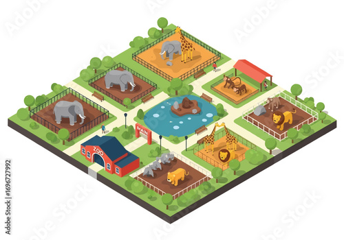 Isometric 3D view of a zoo with animal enclosures featuring lions, giraffes, tigers, polar bears, penguins, and seals, representing wildlife, conservation, family recreation, and tourism concepts