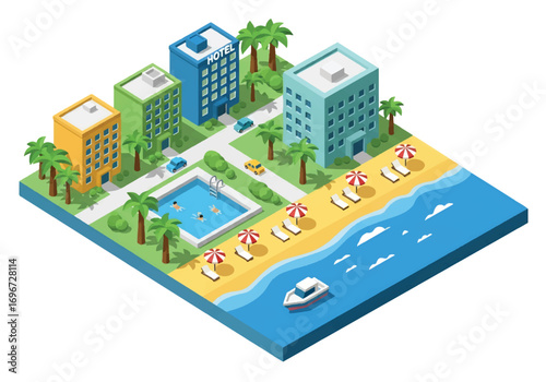 Isometric 3D view of a seaside resort with hotel, swimming pool, beach umbrellas, palm trees, and boats, representing travel, vacation, tourism, leisure, and luxury lifestyle concepts
