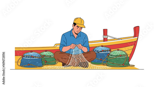 Artisan's Craft by the Shore: A skilled artisan diligently mends a fishing net, immersed in his craft, with colorful boats and fishing tools arrayed around him.