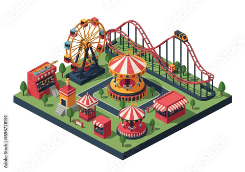 Isometric 3D view of an amusement park with roller coaster, Ferris wheel, carousel, drop tower, food stalls, and visitors, representing fun, entertainment, leisure, and family recreation concepts