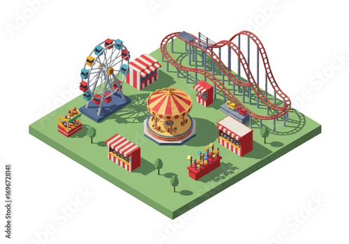 Isometric 3D view of an amusement park with roller coaster, Ferris wheel, carousel, drop tower, food stalls, and visitors, representing fun, entertainment, leisure, and family recreation concepts