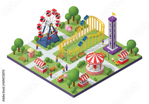 Isometric 3D view of an amusement park with roller coaster, Ferris wheel, carousel, drop tower, food stalls, and visitors, representing fun, entertainment, leisure, and family recreation concepts