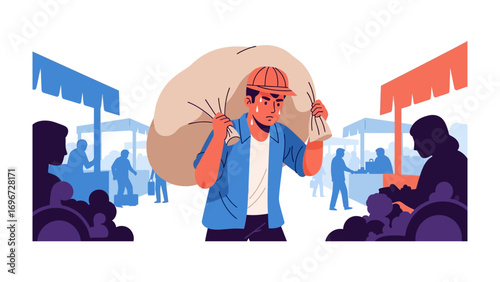 Burden of the Bazaar: A hardworking vendor trudges through the bustling marketplace, bearing a hefty sack, depicting a story of daily hustle, sacrifice, and the pursuit of providing.
