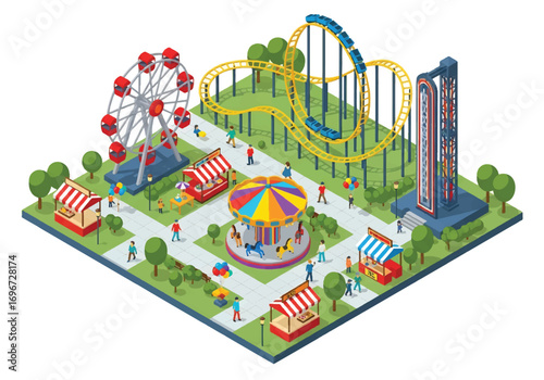 Isometric 3D view of an amusement park with roller coaster, Ferris wheel, carousel, drop tower, food stalls, and visitors, representing fun, entertainment, leisure, and family recreation concepts