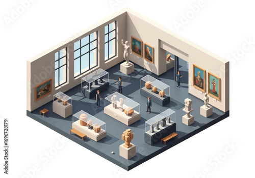 Isometric 3D view of an art museum with sculptures, paintings, and artifacts in display cases, representing culture, history, creativity, and exhibition concepts