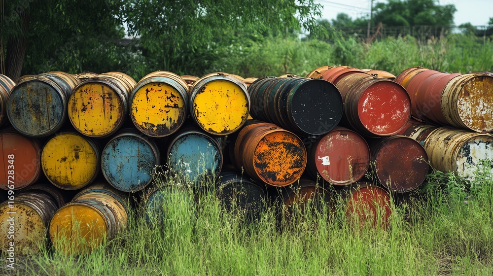 Fototapeta premium Empty oil drums stacked in yard
