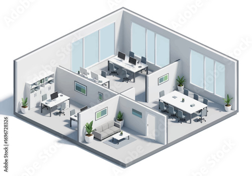 Isometric 3D view of a modern office interior with desks, computers, meeting room, lounge area, and plants, representing workplace, teamwork, business environment, and corporate lifestyle concepts