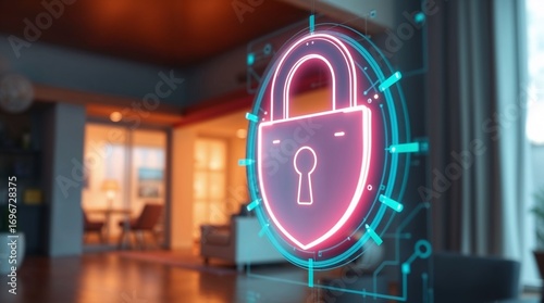 glowing padlock symbol on blurred cozy interior background. Concept of smart home security