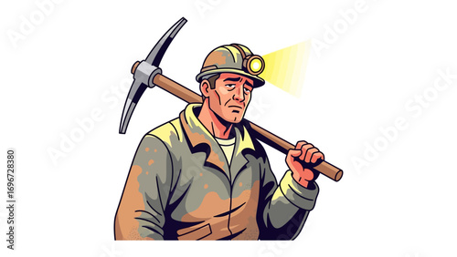 The Weary Miner: A focused miner, pickaxe on shoulder, shines a resolute gaze, ready to dig. This image reflects the raw intensity and hard labor