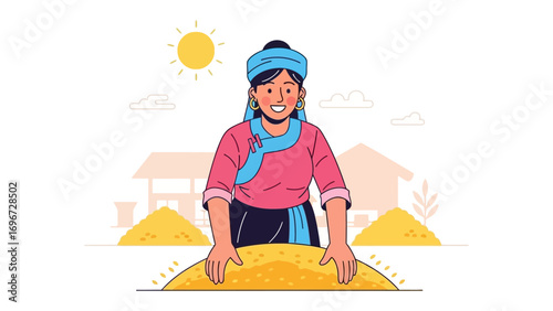 Traditional Rice Sifting: In a vibrant, hand-drawn illustration, a smiling figure, adorned in traditional attire, sifts through a pile of golden rice, the scene bathed in sunlight.