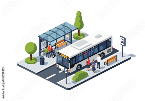 Isometric 3D view of a bus station with terminal building, buses, covered waiting area, benches, and passengers, representing public transport, travel, commuting, and urban infrastructure concepts
