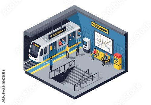 Isometric 3D view of a subway station with train, passengers, ticket machines, and seating area, representing urban transport, commuting, city infrastructure, and public transit concepts