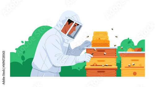 Beekeeper at Work: A dedicated beekeeper, adorned in protective gear, meticulously tends to a thriving beehive, ensuring the health and productivity of the colony and the bounty of nature.