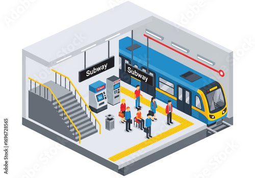 Isometric 3D view of a subway station with train, passengers, ticket machines, and seating area, representing urban transport, commuting, city infrastructure, and public transit concepts