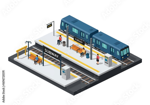 Isometric 3D view of a subway station with train, passengers, ticket machines, and seating area, representing urban transport, commuting, city infrastructure, and public transit concepts