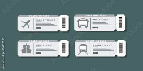 Realistic illustration of boarding pass for airplane ticket, bus ticket, ship ticket, train ticket, travel ticket for transportation with barcode. vector illustration