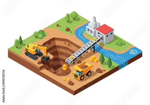 Isometric 3D view of an open-pit mining site with excavators, dump trucks, factory, and river, representing gold extraction, heavy industry, resources, and industrial development concepts