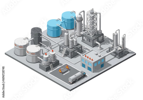 Isometric 3D view of an industrial refinery with storage tanks, pipelines, and chimneys, representing energy production, oil and gas processing, manufacturing, and heavy industry concepts