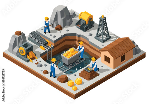 Isometric 3D view of an open-pit mining site with excavators, dump trucks, factory, and river, representing gold extraction, heavy industry, resources, and industrial development concepts