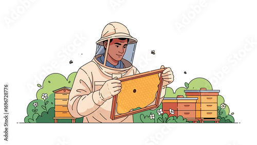 Beekeeper in Action: A diligent beekeeper meticulously examines a honeycomb frame amidst vibrant green foliage and beehives, capturing a moment of dedication.