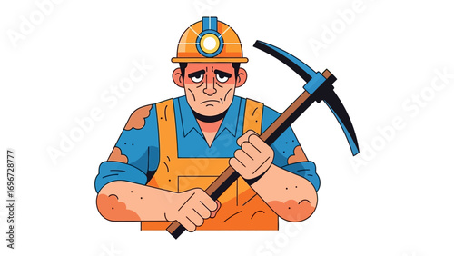 The Burden of Labor: A diligent miner, his brow furrowed with the weight of his task, stands resolute, the tools of his trade firmly in hand, reflecting the intensity and gravity of his work.