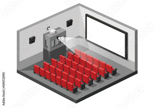 Isometric 3D view of a movie theater interior with big screen, red seats, ticket booth, and concession stand, representing cinema, entertainment, leisure, and audience experience concepts