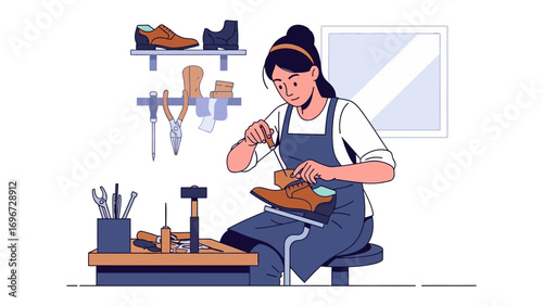 Crafting Soles: A shoemaker at work, engrossed in meticulous crafting of leather footwear, epitomizing craftsmanship.