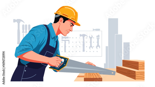 Carpenter At Work: A skilled carpenter meticulously uses a handsaw to cut through a piece of wood, showcasing precision and craftsmanship.