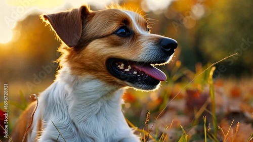 A playful dog sits in a colorful autumn field, basking in warm sunlight and surrounded by fallen leaves