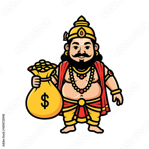 Cheerful cartoon depiction of Kubera, the Hindu god of wealth, holding a large bag of gold coins.