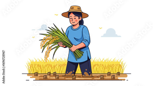 Harvest Harmony: In a golden field, a farmer gracefully tends to a bountiful rice harvest, a testament to nature's gifts and the enduring connection between humankind and earth.