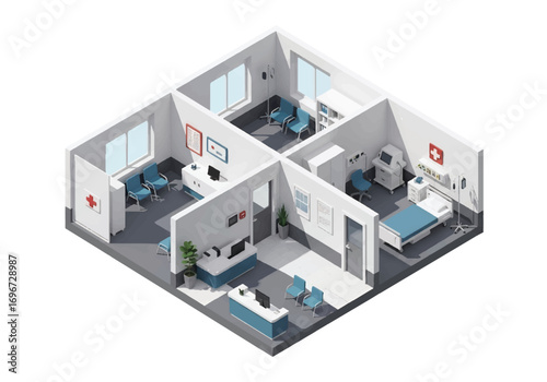 Isometric 3D view of a hospital interior with reception, waiting area, examination rooms, and patient bed, representing healthcare, medical treatment, emergency care, and modern clinic design