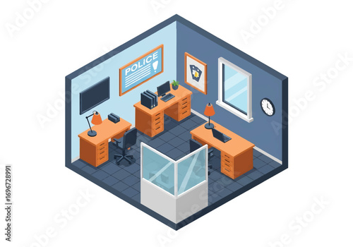 Isometric 3D view of a police office with desks, computers, filing cabinets, and paperwork, representing law enforcement, security, investigation, and administrative work concepts
