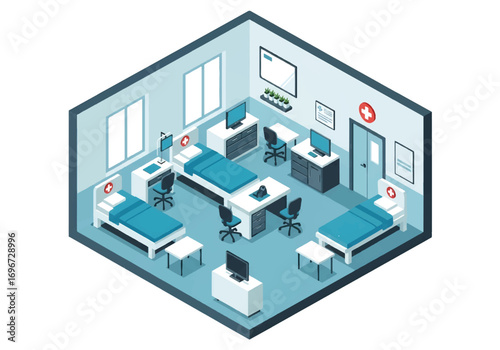 Isometric 3D view of a hospital interior with reception, waiting area, examination rooms, and patient bed, representing healthcare, medical treatment, emergency care, and modern clinic design