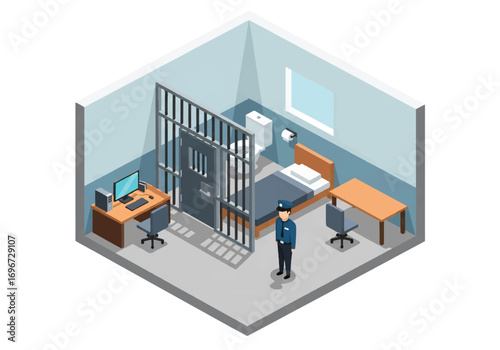 Isometric 3D view of a prison cell with bed, sink, toilet, barred window, and locked door, representing jail interior, security, justice system, punishment, and confinement concepts