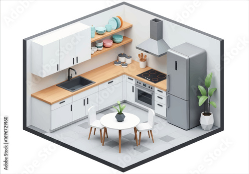 Isometric 3D view of a modern kitchen with cabinets, sink, stove, oven, refrigerator, dining table, and decor, designed for cooking, home lifestyle, and contemporary interior design concepts
